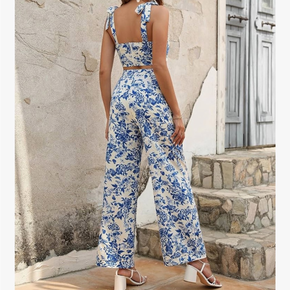 Blue White Two Piece Floral Set